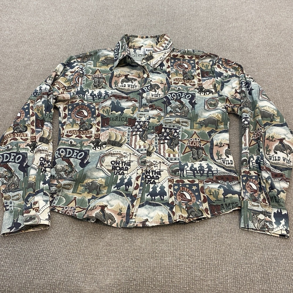Vintage Banjo Shirt Womens Medium Western Rodeo Country AOP Made in USA